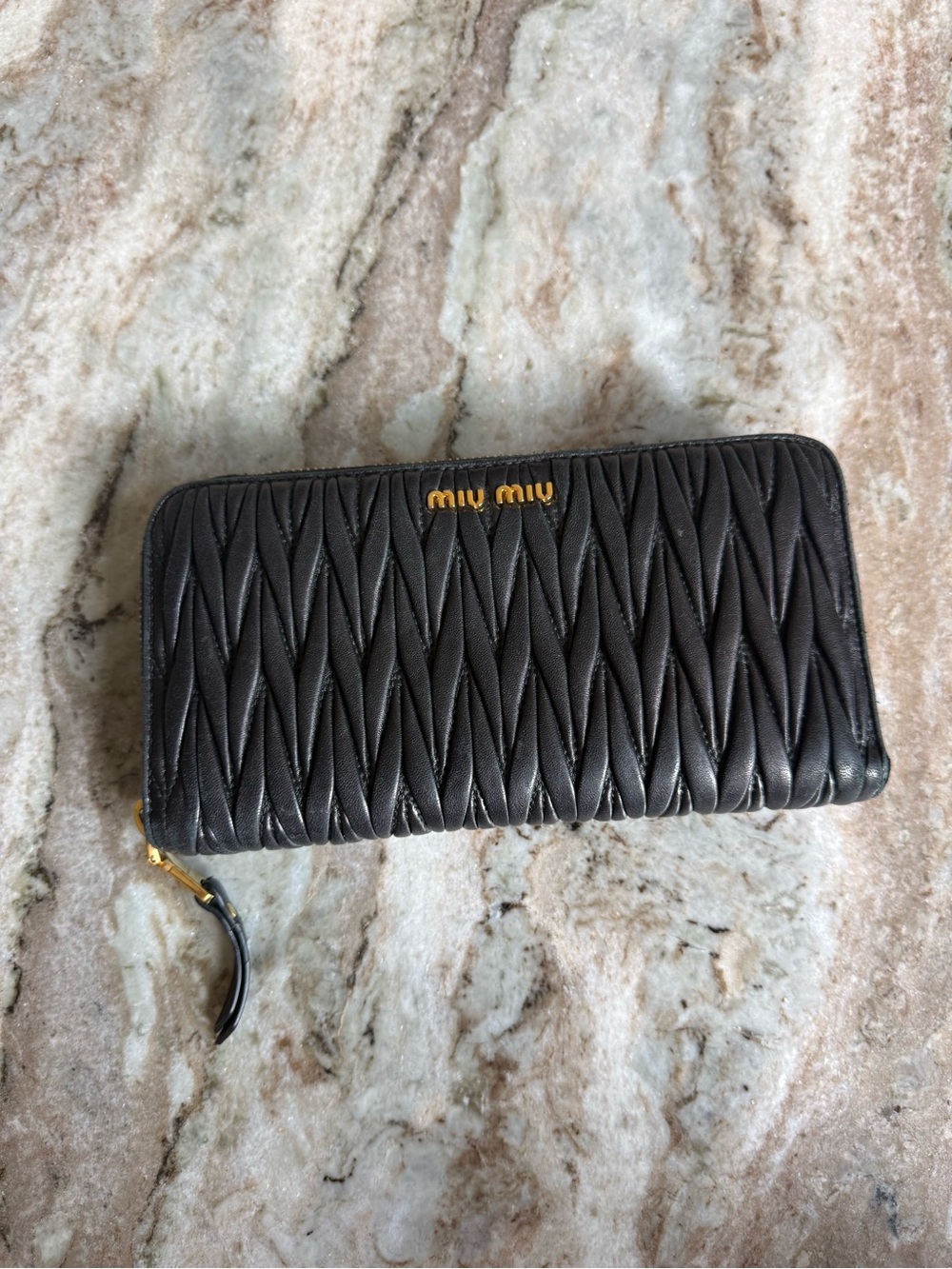 Miu Miu Matelassé Black Leather Zip Around Continental Wallet Wristlet